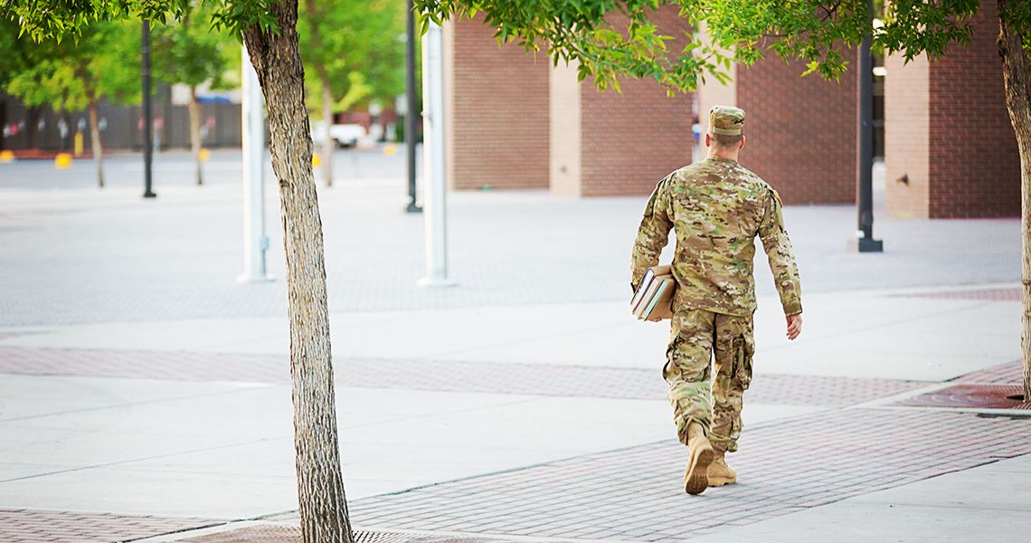 Military student walking on campus
