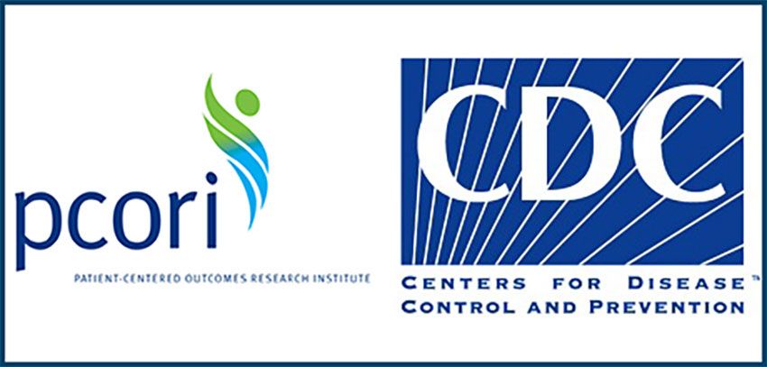 pcori patient-centered outcomes research institute | green and blue wispy logo | CDC Centers for Disease Control and Prevention in blue and white text