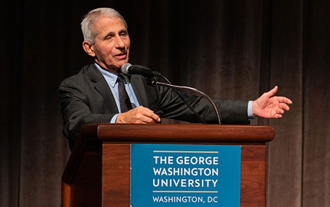 Anthony Fauci gesturing and speaking from a podium