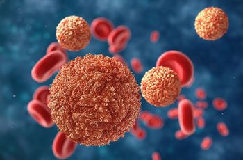 Orange-tinted zika virus cells among red blood cells
