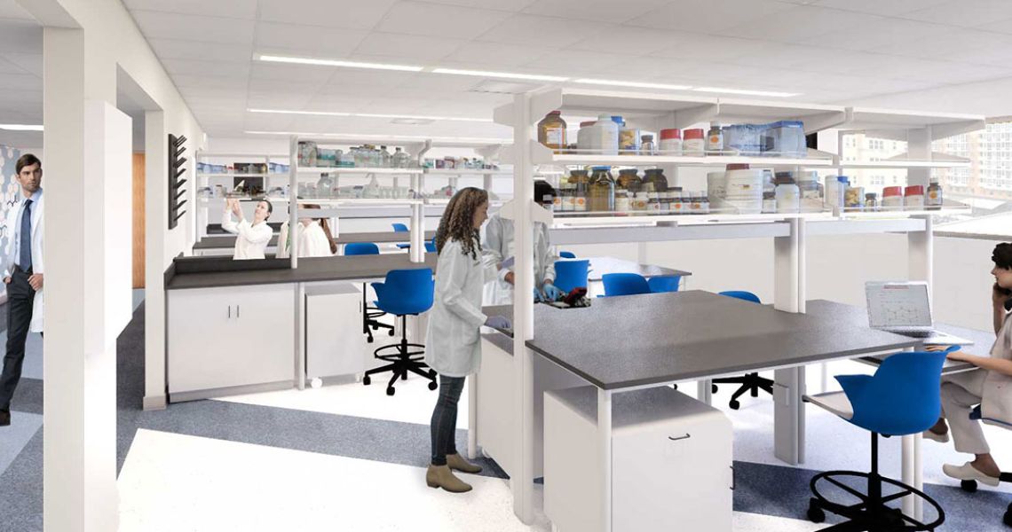 A laboratory with shelves, tables, and researchers inspecting samples