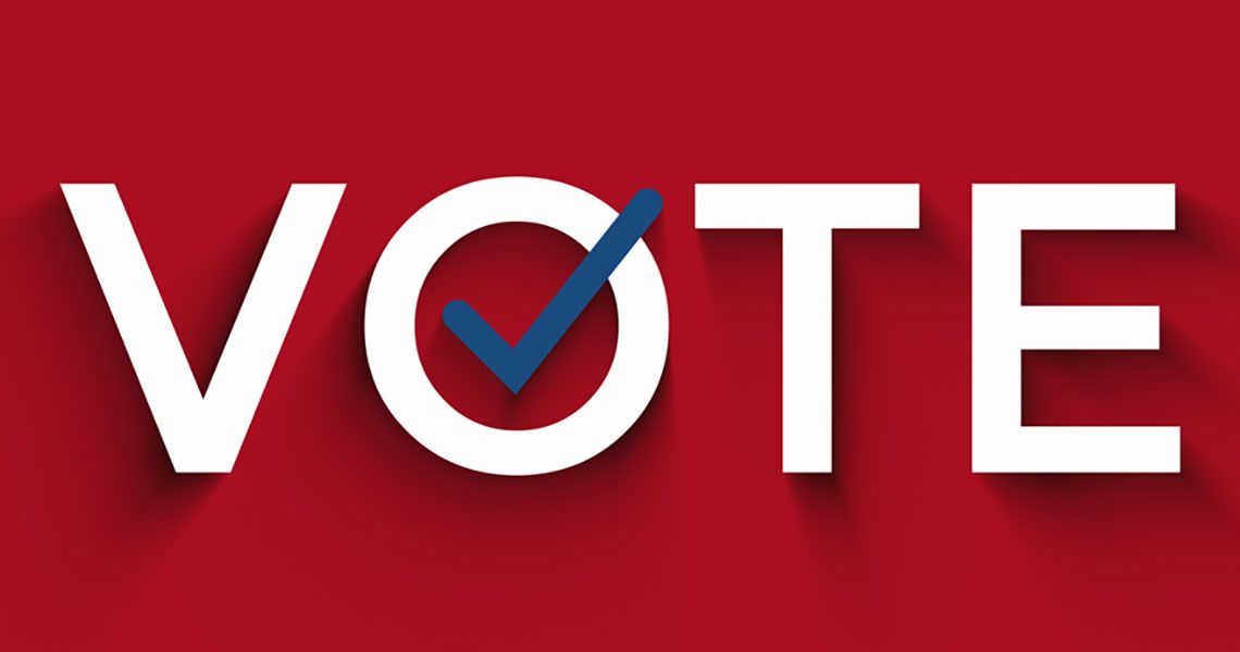 The word 'VOTE' in white letters with a blue check mark on the 'O' on a red background
