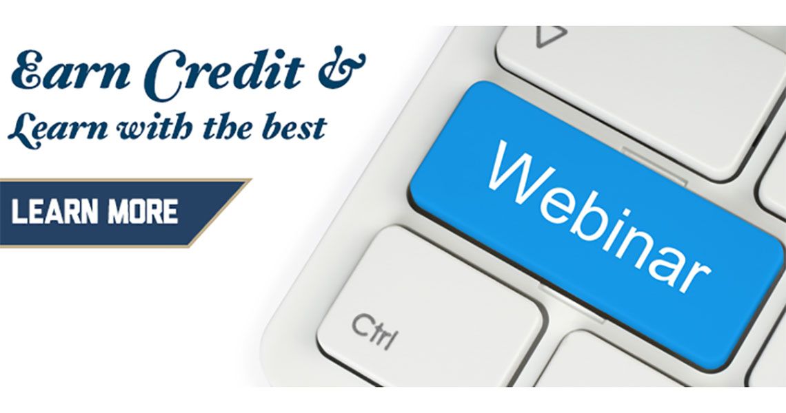 "Earn Credit & Learn with the best | Learn More" | Blue keyboard button labeled 'Webinar'