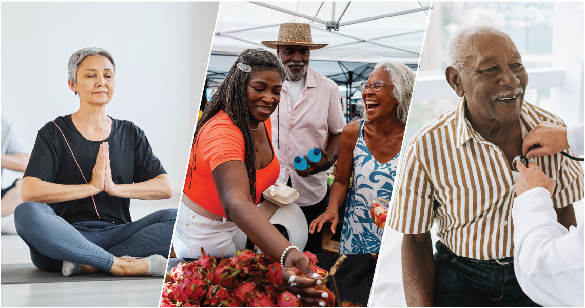 woman doing yoga, three older adults at farmers market, older man at doctor
