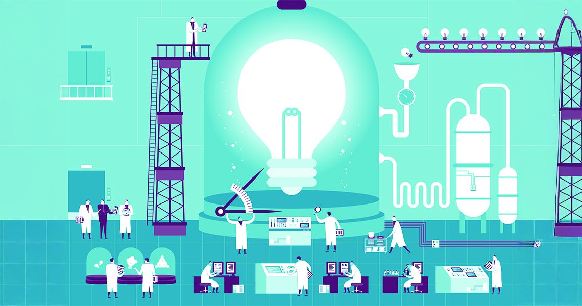 Illustration of doctors building a lightbulb representing innovation