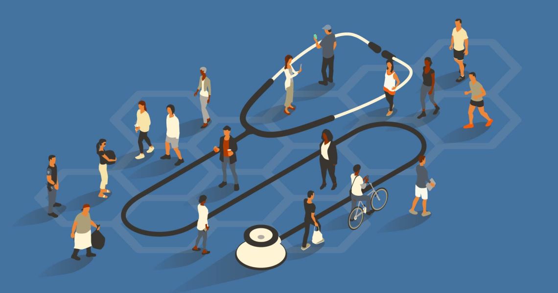 Graphic of large stethoscope surrounded by community members and doctors