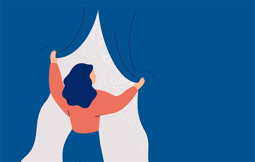 Woman opening curtains to let light in a room | Illustration