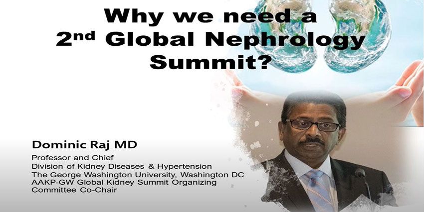 Why we need a 2nd global nephrology summit? | Diagram of kidneys above a portrait of Dr. Dominic Raj