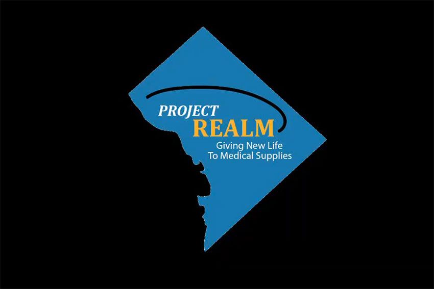 Project REALM - giving new life to medical supplies | Text imposed over blue colored shape of Washington, D.C.