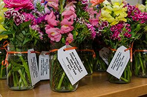 Several bunches of pink and yellow flowers in separate jars