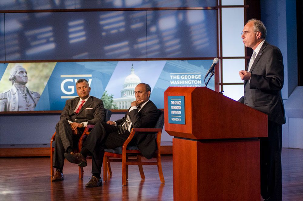 Left to right: Joseph Melancon, M.D.; Muralidharan Jagadeesan, M.B.B.S.; and Anton Sidawy, M.D., M.P.H. Joseph Melancon, Muralidharan Jagadeesan, and Anton Sidawy on stage