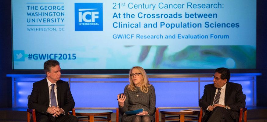 From left to right: Robert Croyle, Ph.D., Lynn Goldman, M.D., M.P.H., and Eduardo Sotomayor, M.D. ICF International Panel members Robert Croyle, Lynn Goldman, and Eduardo Sotomayor sitting on stage