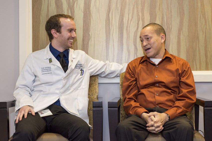 Medical student Jacob Lambdin (left) meets Andrew Lewis, the man who received his donated kidney in December Medical student Jacob Lambdin sitting next to kidney patient Andrew Lewis