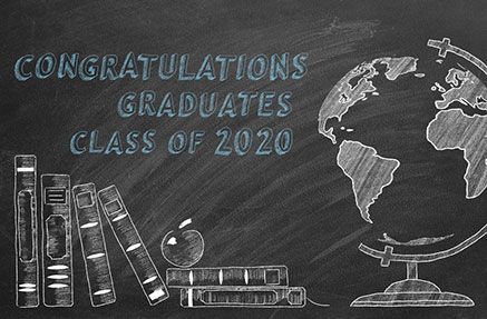 "Congratulations Graduates Class of 2020" | Chalk drawing of books and a world globe