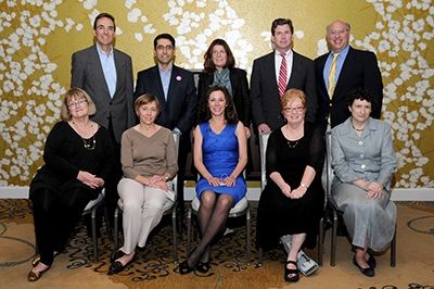 Members of the MD Class of 1987 at their 25th Reunion in 2012. Pictured (top row, l-r): Scott Flamm, Fardad Esmailian, Ann Beeder, Thomas Barnett, and Fred Schlesinger; (seated, l-r): Jackie Arnold, Denise DeConcini, Karen Prowda, Sheila Sontag, and Maria Sullivan.