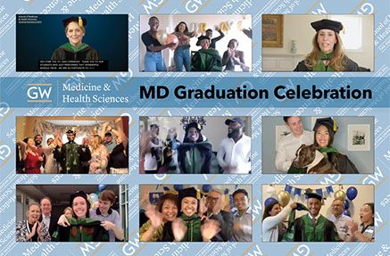 "MD Graduation Celebration" | MD program graduates posing in graudation regalia with their families at home