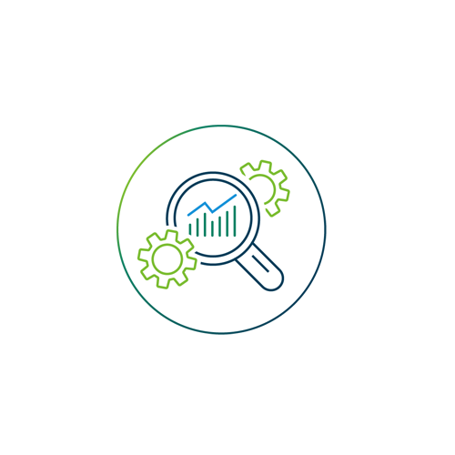 magnifying glass with graph inside and gears around it