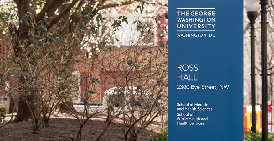 A promotional card showing an outdoor shot of campus with the address of Ross Hall