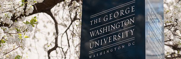 Column on campus with the GWU logo