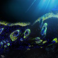 A tiled 20x immunofluorescence image of murine skin, similar to an underwater ocean view