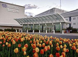 Washington VA Medical Center with tulips in the foreground