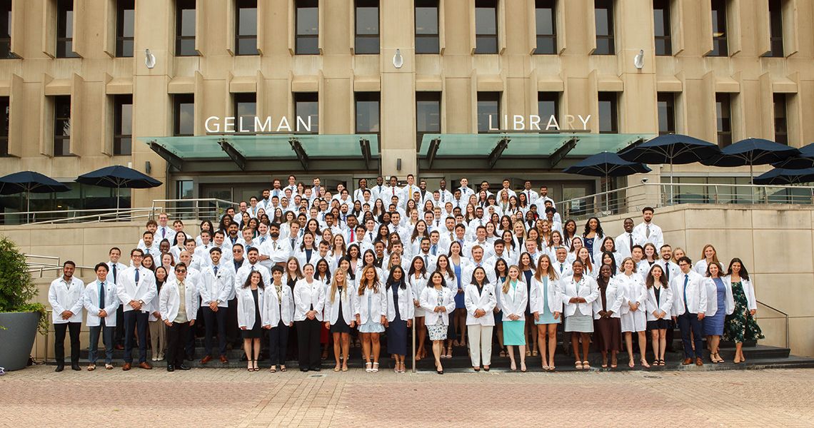 GW SMHS MD Program Class of 2027 White Coat group photo