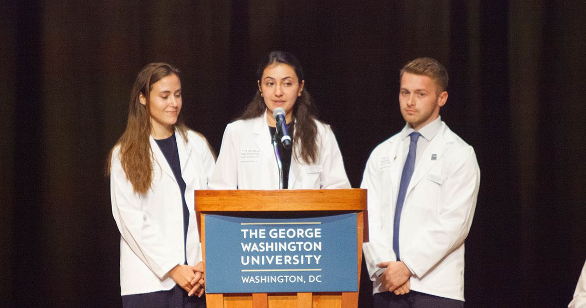 Second-year MD students (from left) Kathleen McCarthy, Jana El-Sayed, and Jeremy Hayward, this year’s orientation co-chairs
