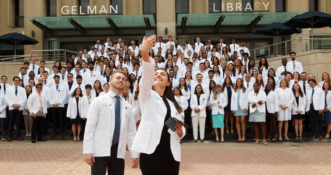 White Coat Ceremony Recipients Outside Gelman Library