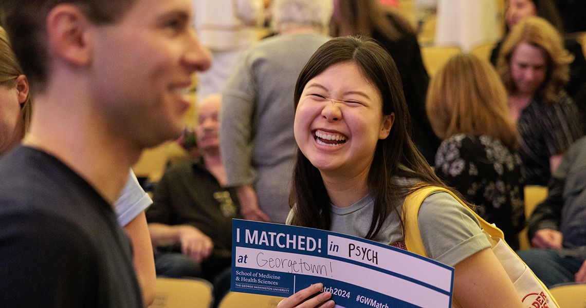 MD student smiles after learning where she matched