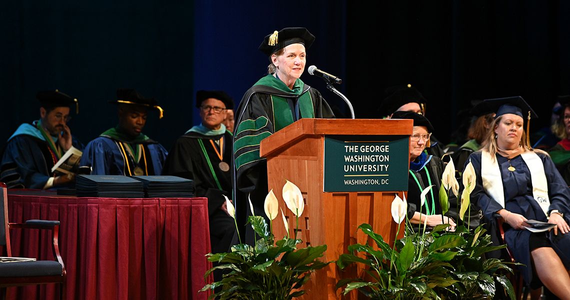 Joyce Maring, EdD, DPT, executive associate dean for Health Sciences, issues the charge to graduates at Health Sciences graduation ceremony