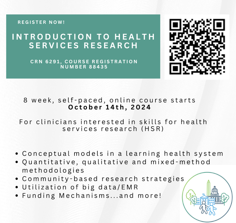 Introduction to health Services research flyer with information on the course dates and objectives