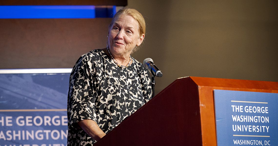 GW SMHS Dean Barbara Lee Bass, MD, at podium