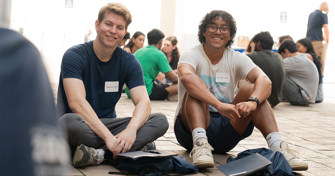 Students gathered in Ross Hall courtyard for orientation