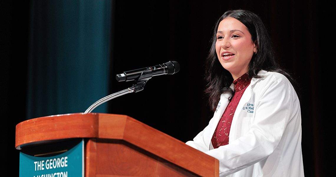 Fourth-Year medical student Alexa Shahine speaks from podium