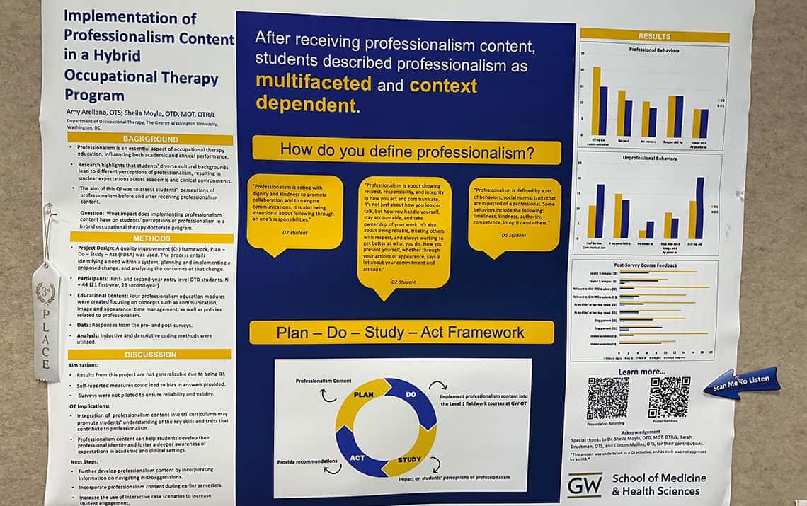 The third-place winning research poster, titled "Implementation of Professionalism Content in a Hybrid Occupational Therapy Program"