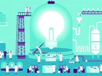 Illustration of doctors building a lightbulb representing innovation