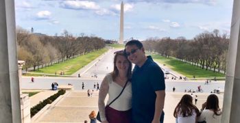 Drs. Yuan Rao and Destie Provenzano stand together at the Lincoln Memorial