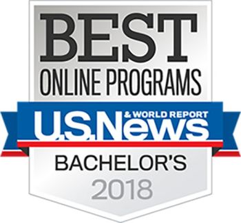 "Best online programs U.S. News & World Resport Bachelor's 2018" | Silver, blue and red logo