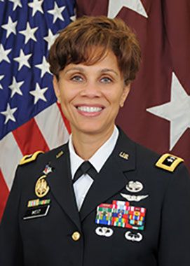 Lieutenant General Nadja West posing for a portrait in front of an American flag