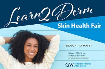 A woman smiling with her hands held up behind her head | "Learn2Derm Skin Health Fair - Brought to you by GW SMHS and GW MFA