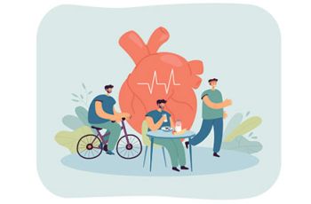 A man biking, eating, and then walking in front of a large heart