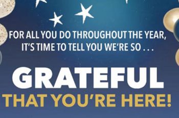 "For all you do throughout the year, it's time to tell you we're so ... grateful that you're here!" | Balloons and stars around text