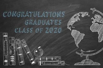 Congratulations graduates class of 2020 | books leaning on each other next to an apple and a globe, all illustrated in chalkboard style
