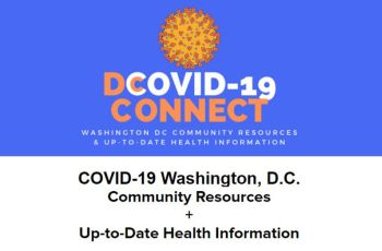 DCOVID-19 Connect - COVID-19 Washington, D.C. community resources + up-to-date health information | Covid-19 virus on a blue and white banner with text overlay