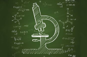 A microscope illustrated on a chalkboard surrounded by chemical strucutre diagrams