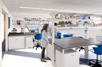 A laboratory with shelves, tables, and researchers inspecting samples