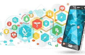 A smartphone emitting a stream of healthcare and medical symbols