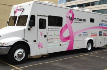 A large white van with a pink ribbon illustrated on it labeled 'Mammovan'