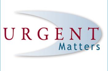 Urgent Matters | Red and white text overlayed on a boomerang-like symbol