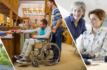 Occupational therapists working with patients in a wheelchair, at a desk and in crutches in different images